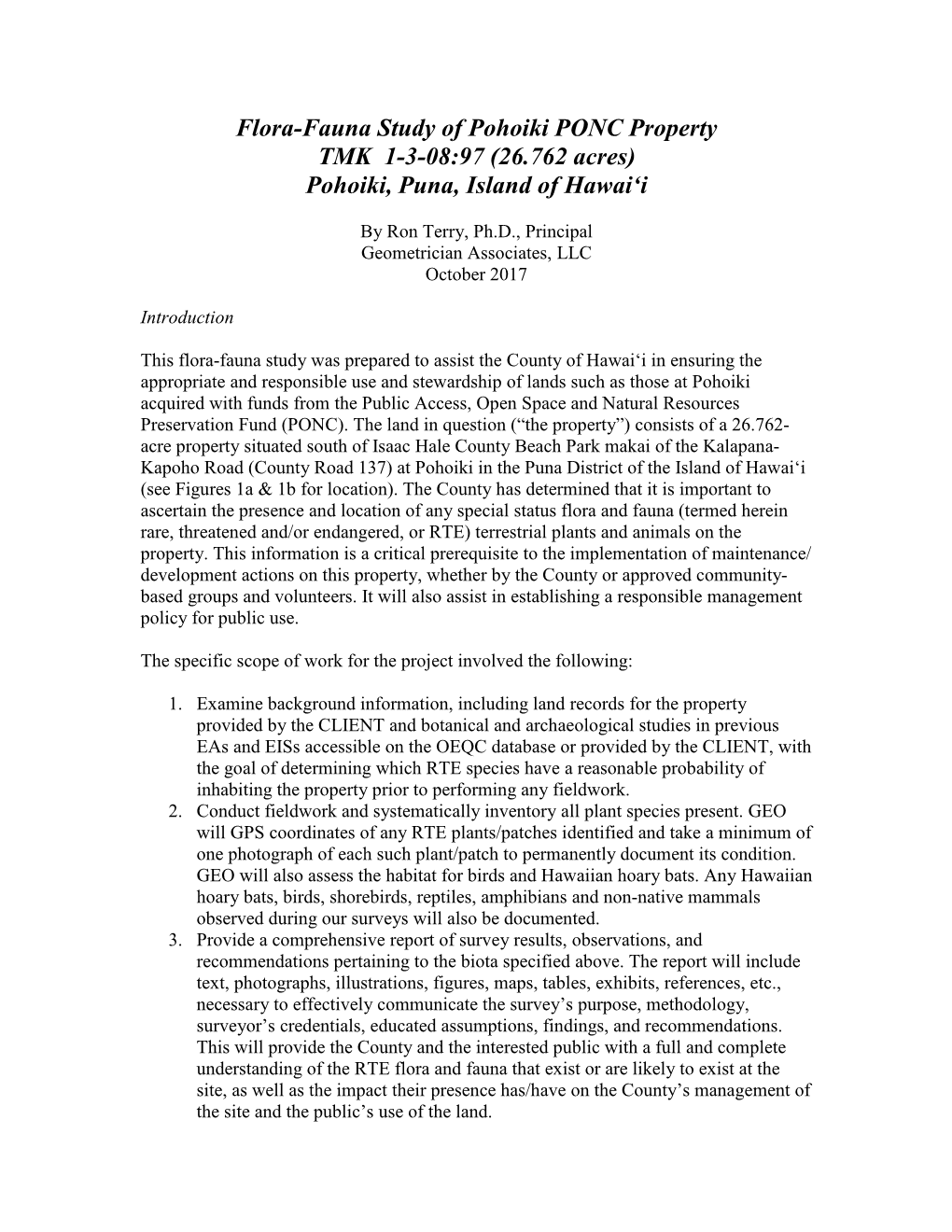 Flora-Fauna Study of Pohoiki PONC Property TMK 1-3-08:97 (26.762 Acres) Pohoiki, Puna, Island of Hawai‘I