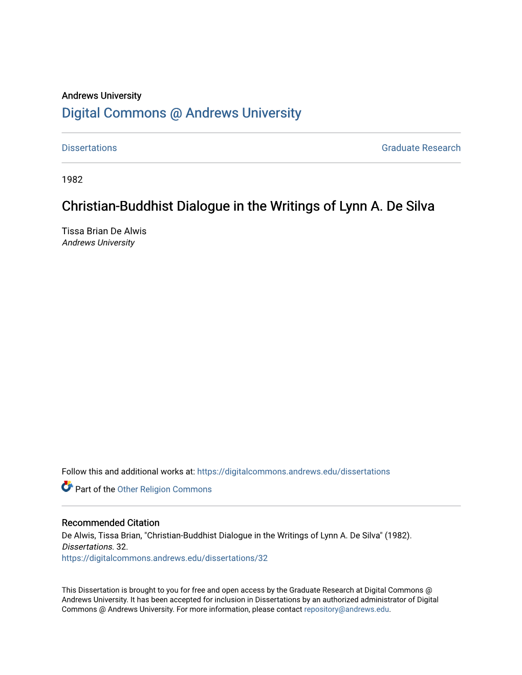 Christian-Buddhist Dialogue in the Writings of Lynn A. De Silva