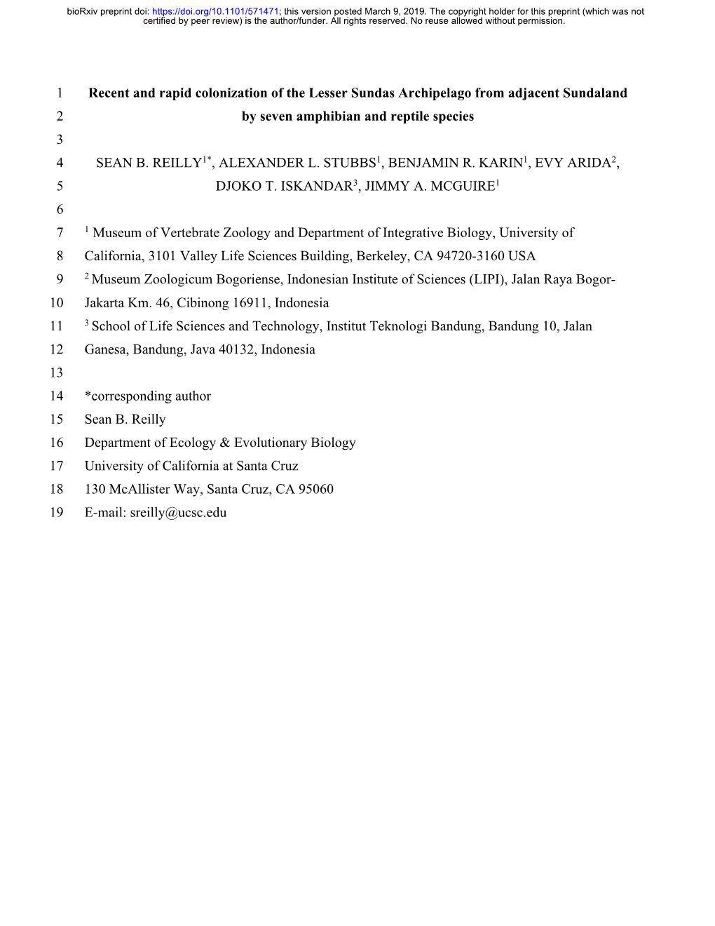 Recent and Rapid Colonization of the Lesser Sundas Archipelago from Adjacent Sundaland 2 by Seven Amphibian and Reptile Species 3 4 SEAN B