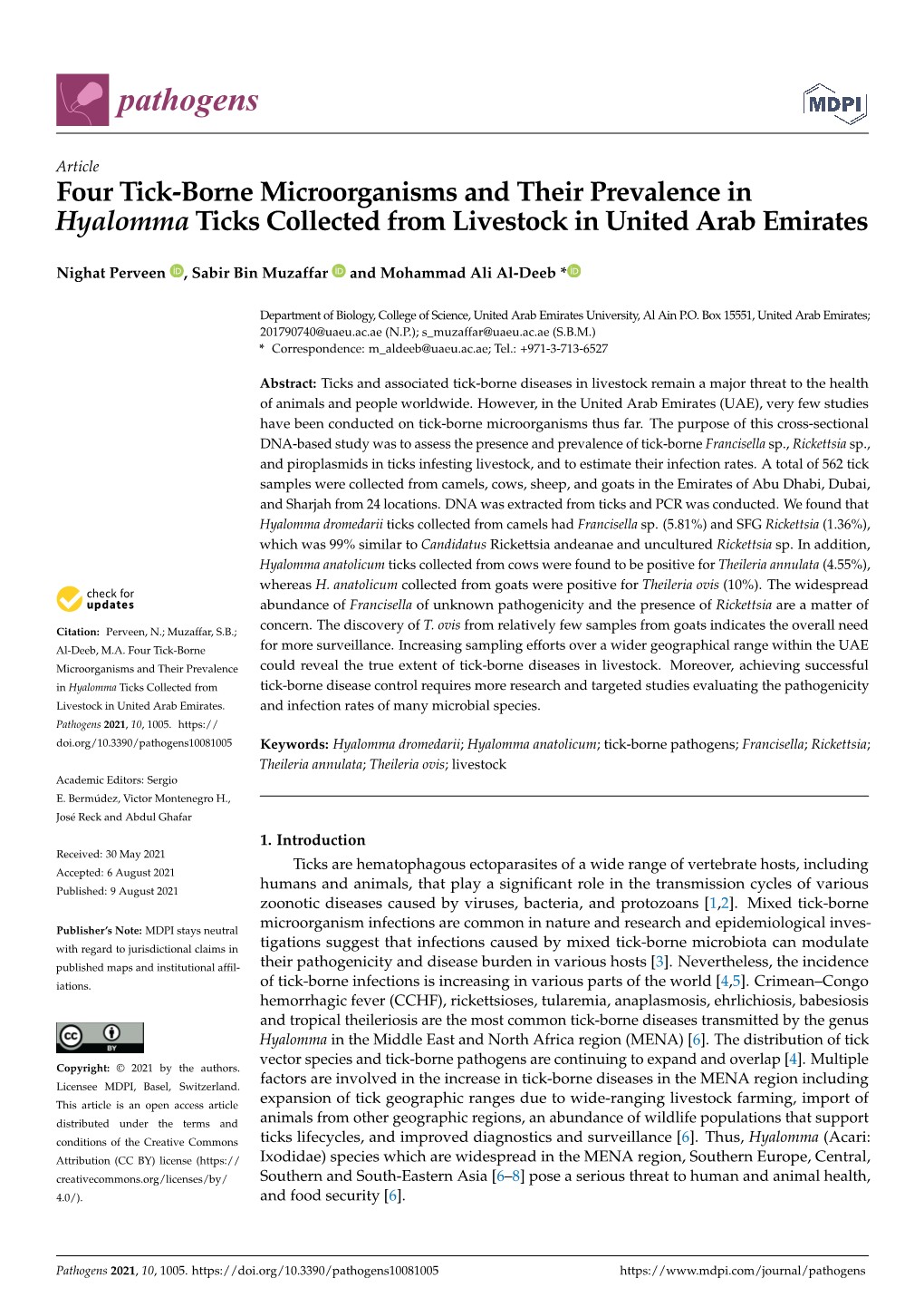 Four Tick-Borne Microorganisms and Their Prevalence in Hyalomma Ticks Collected from Livestock in United Arab Emirates