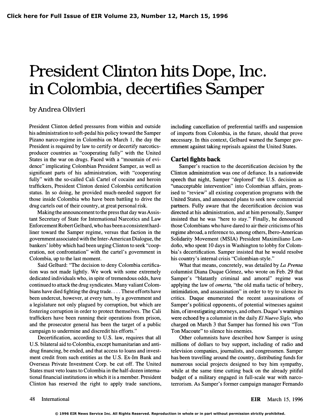 President Clinton Hits Dope, Inc. in Colombia, Decertifies Samper