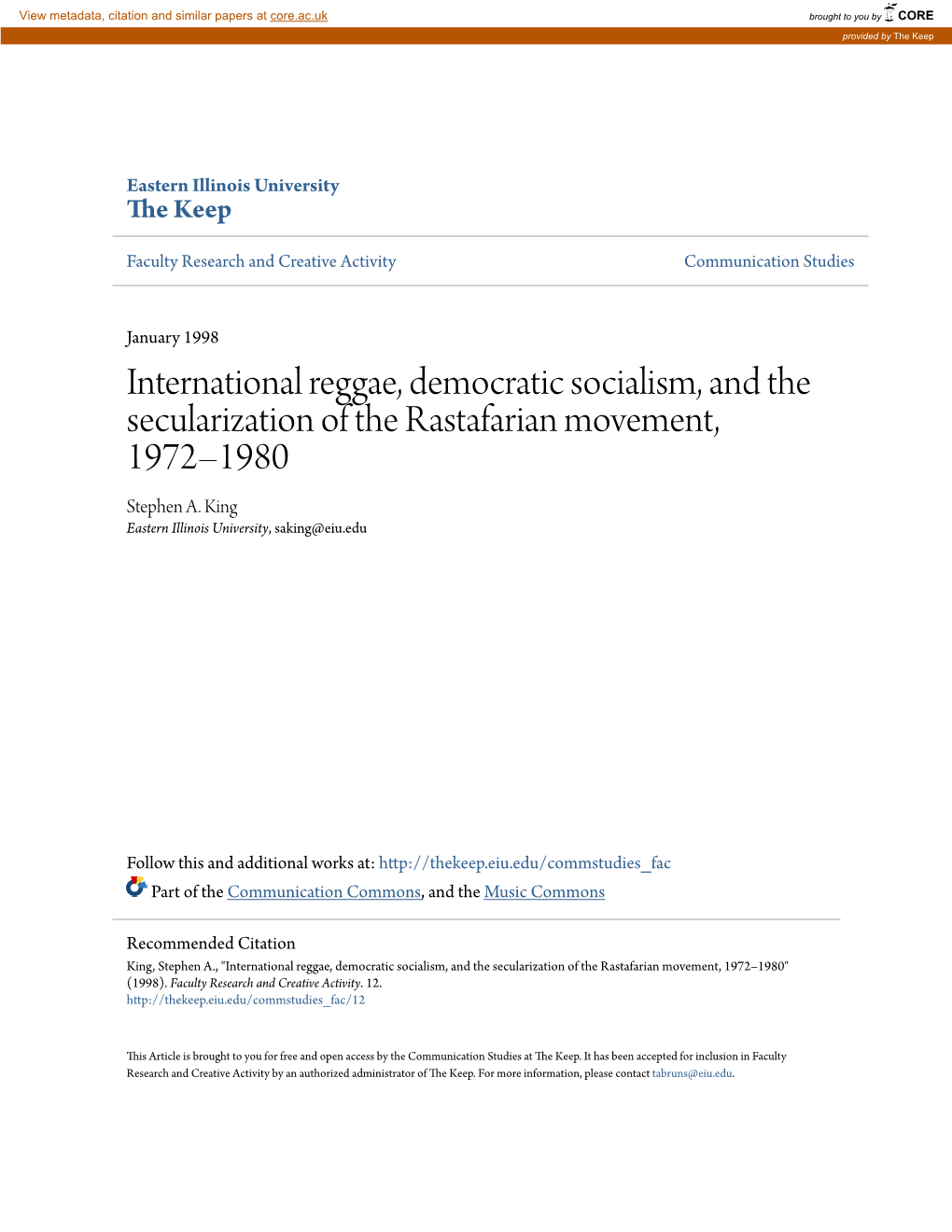 International Reggae, Democratic Socialism, and the Secularization of the Rastafarian Movement, 1972–1980 Stephen A