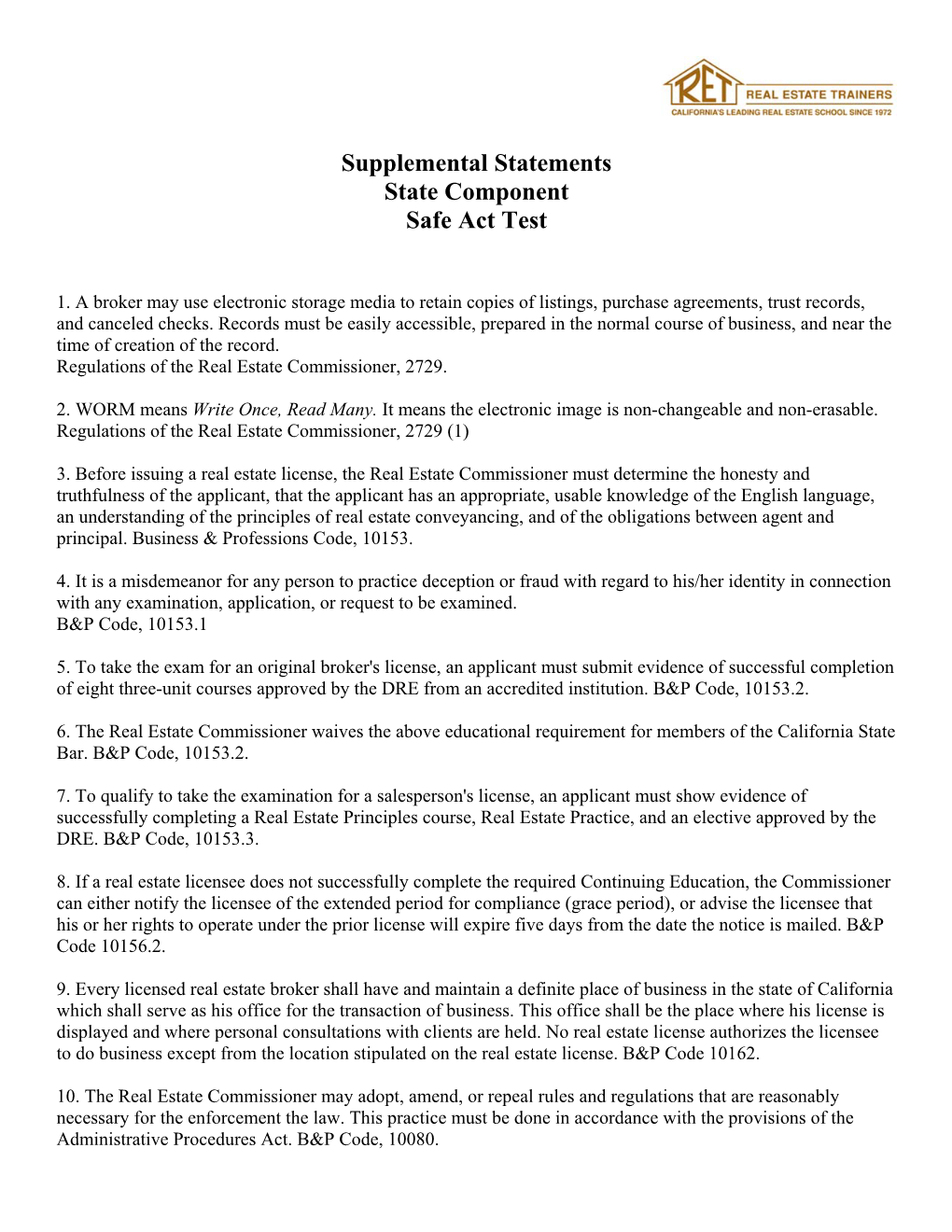 Supplemental Statements State Component Safe Act Test