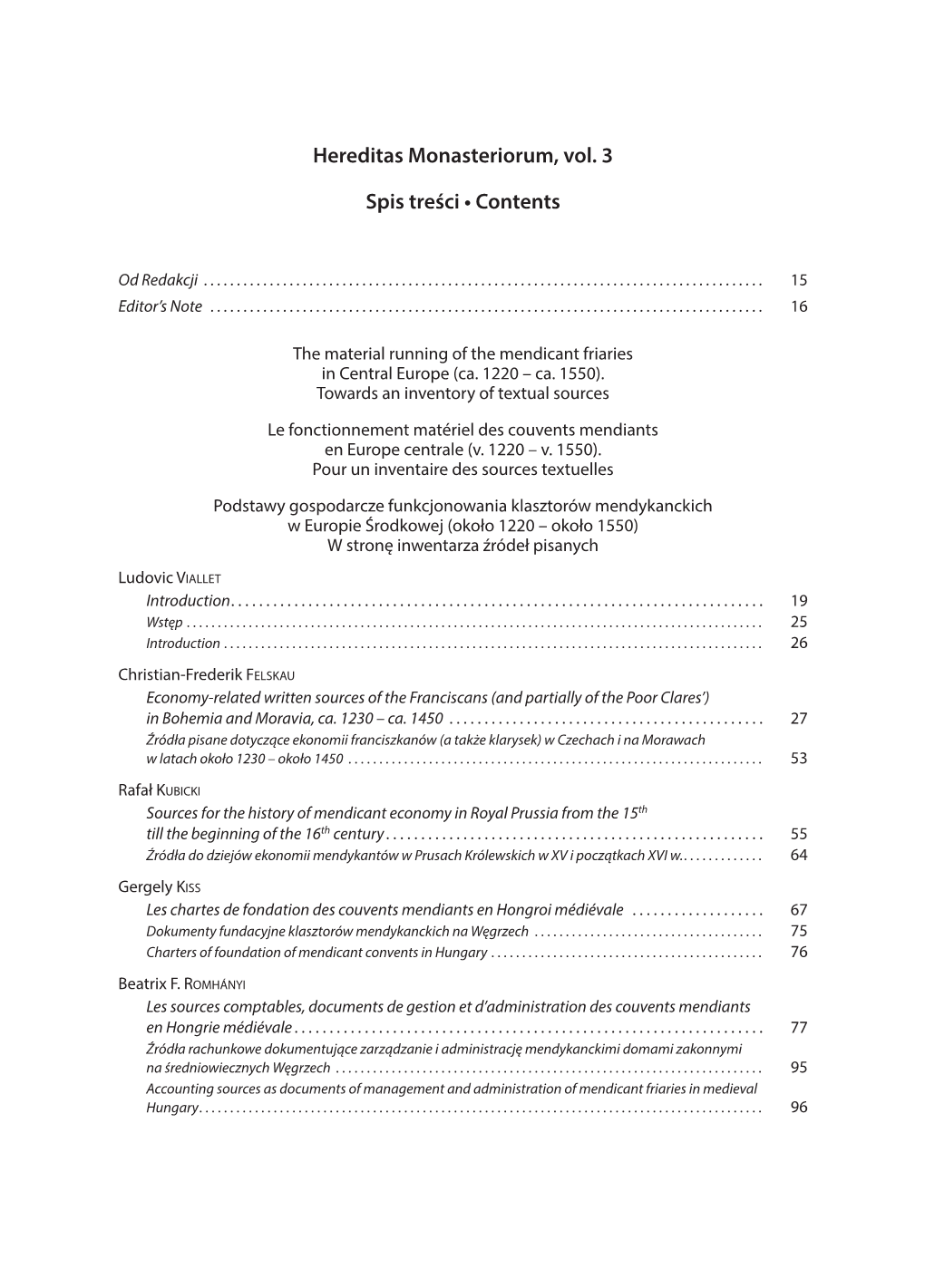 Hereditas Monasteriorum, Vol. 3 Spis Treści • Contents