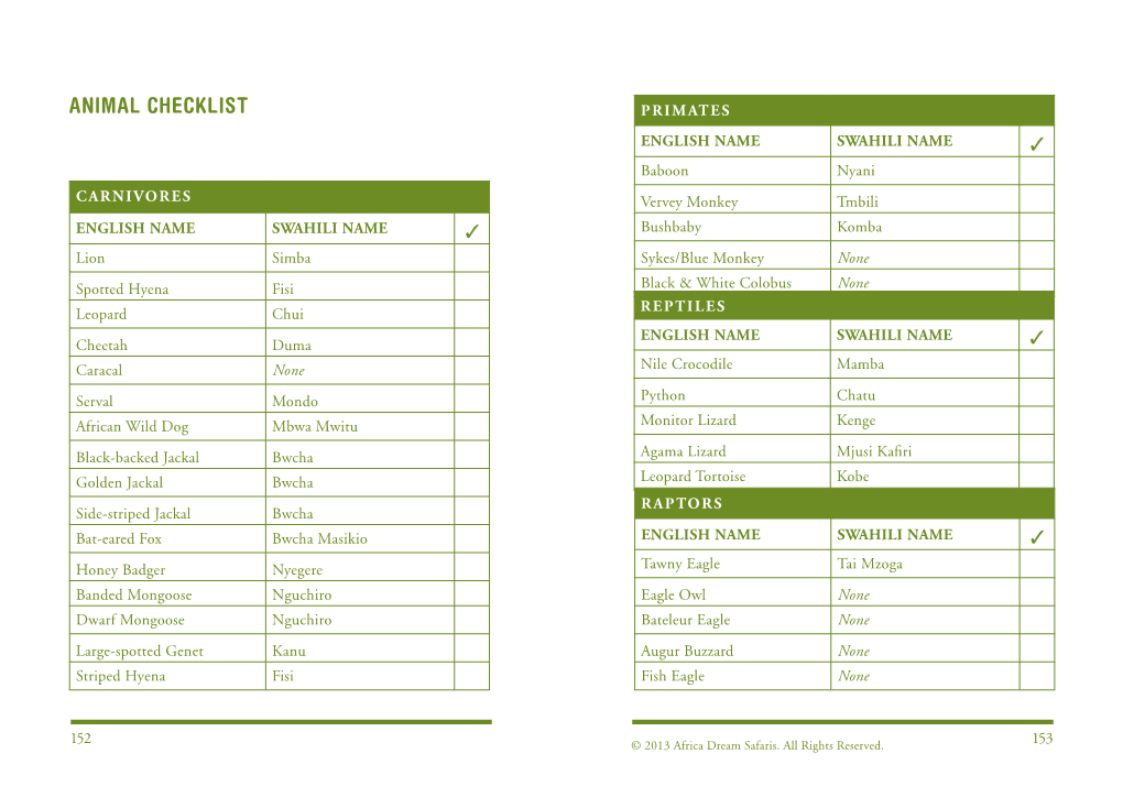 Animal Checklist Primates