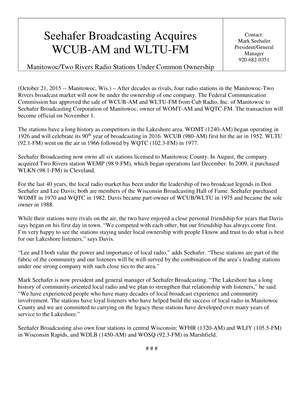 Seehafer Broadcasting Acquires WCUB-AM and WLTU-FM