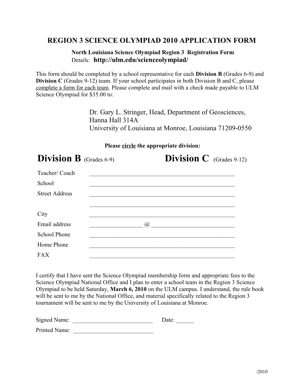 Region 3 Science Olympiad 2007 Application Form