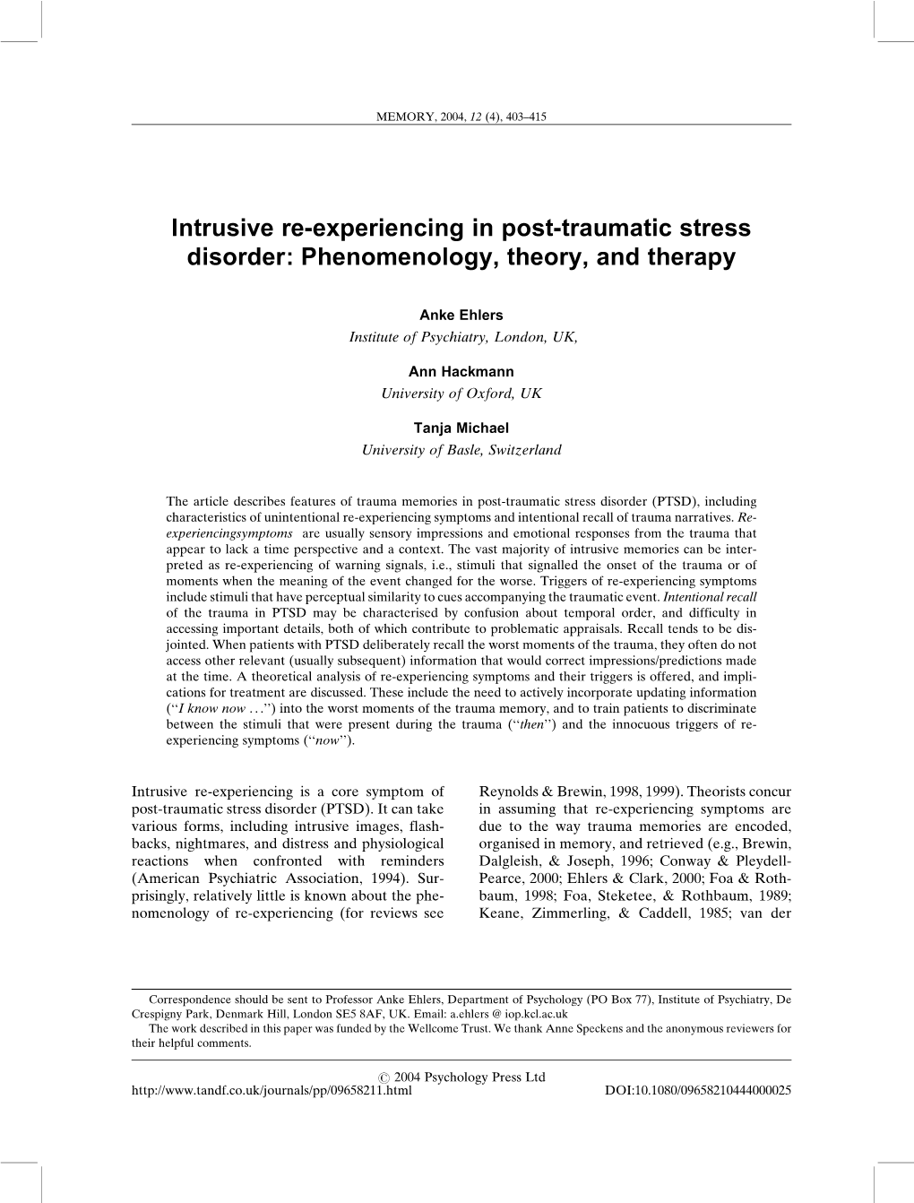 Intrusive Re-Experiencing in Post-Traumatic Stress Disorder: Phenomenology, Theory, and Therapy