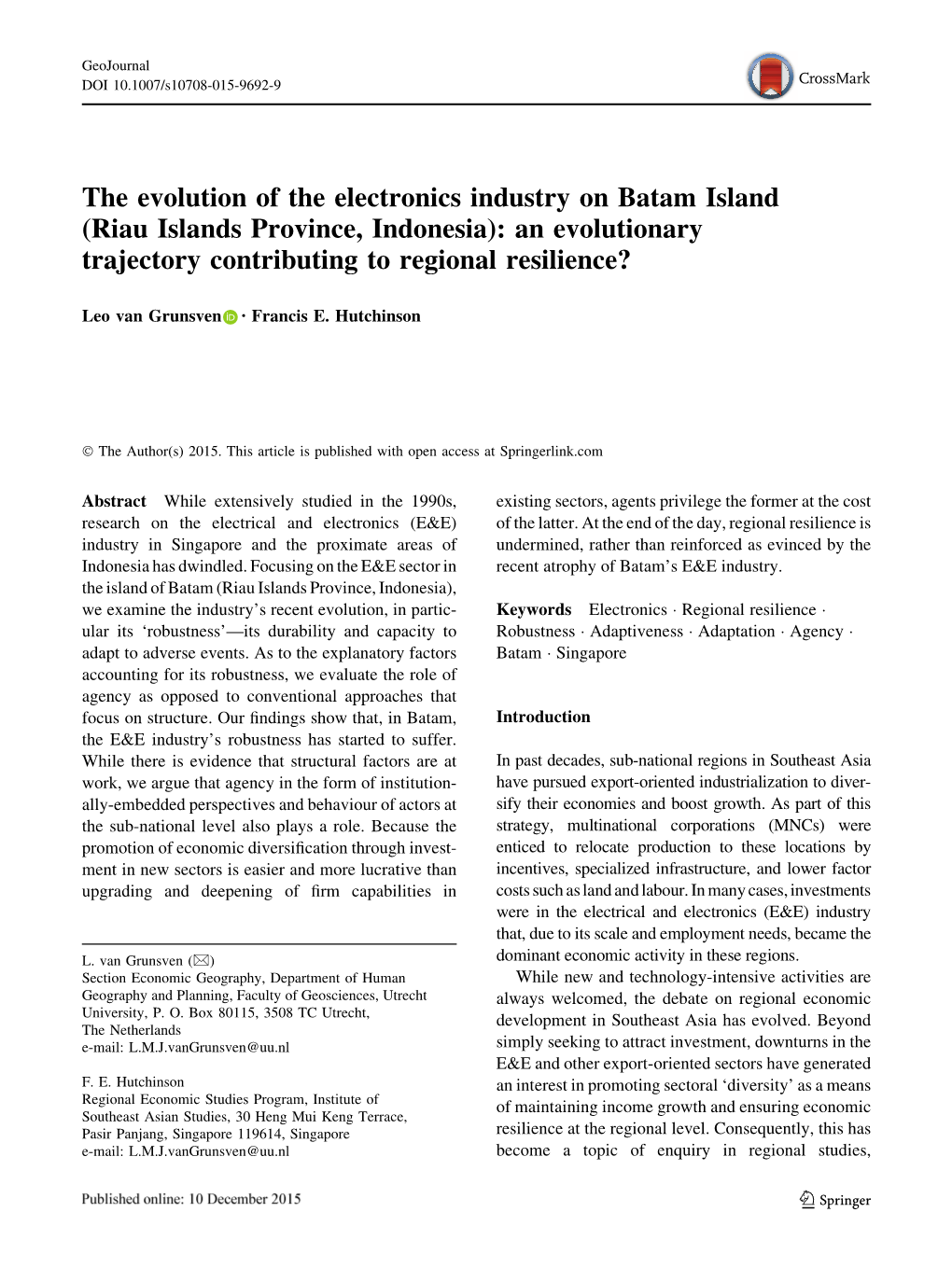 The Evolution of the Electronics Industry on Batam Island (Riau Islands Province, Indonesia): an Evolutionary Trajectory Contributing to Regional Resilience?