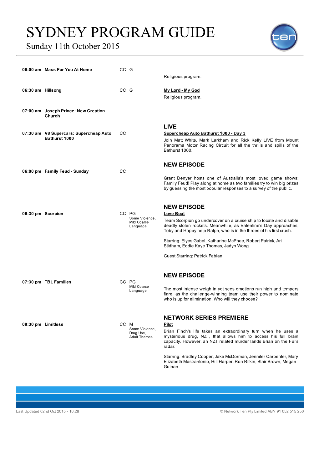 SYDNEY PROGRAM GUIDE Sunday 11Th October 2015