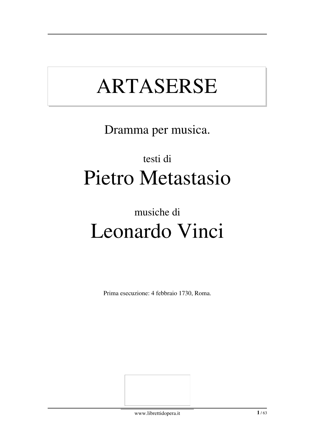 ARTASERSE Pietro Metastasio Leonardo Vinci