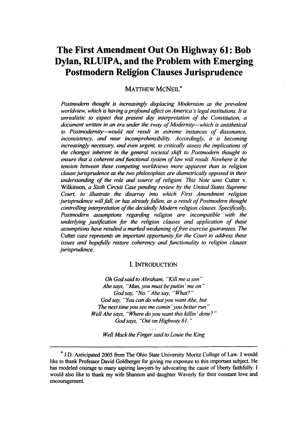 First Amendment out on Highway 61: Bob Dylan, RLUIPA, and the Problem with Emerging Postmodern Religion Clauses Jurisprudence