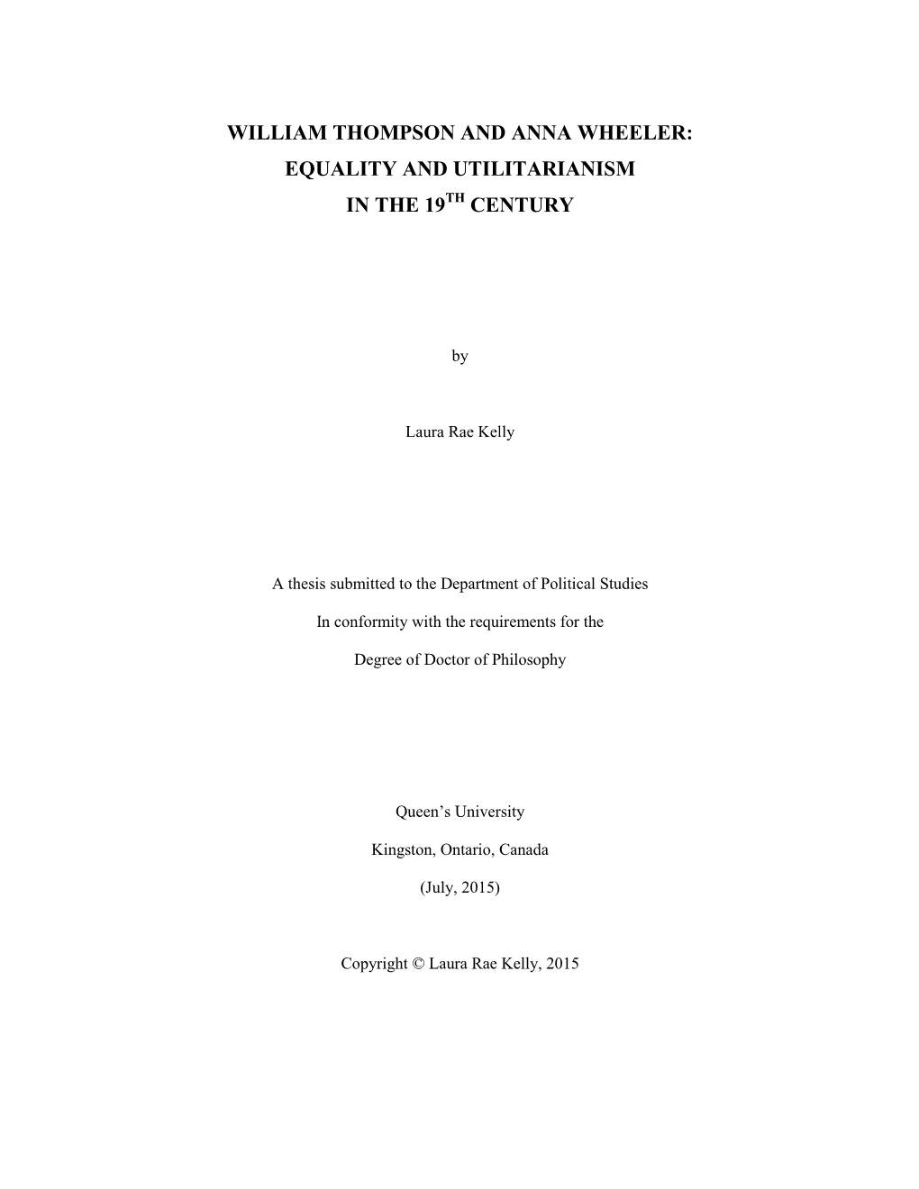 William Thompson and Anna Wheeler: Equality and Utilitarianism in the 19Th Century