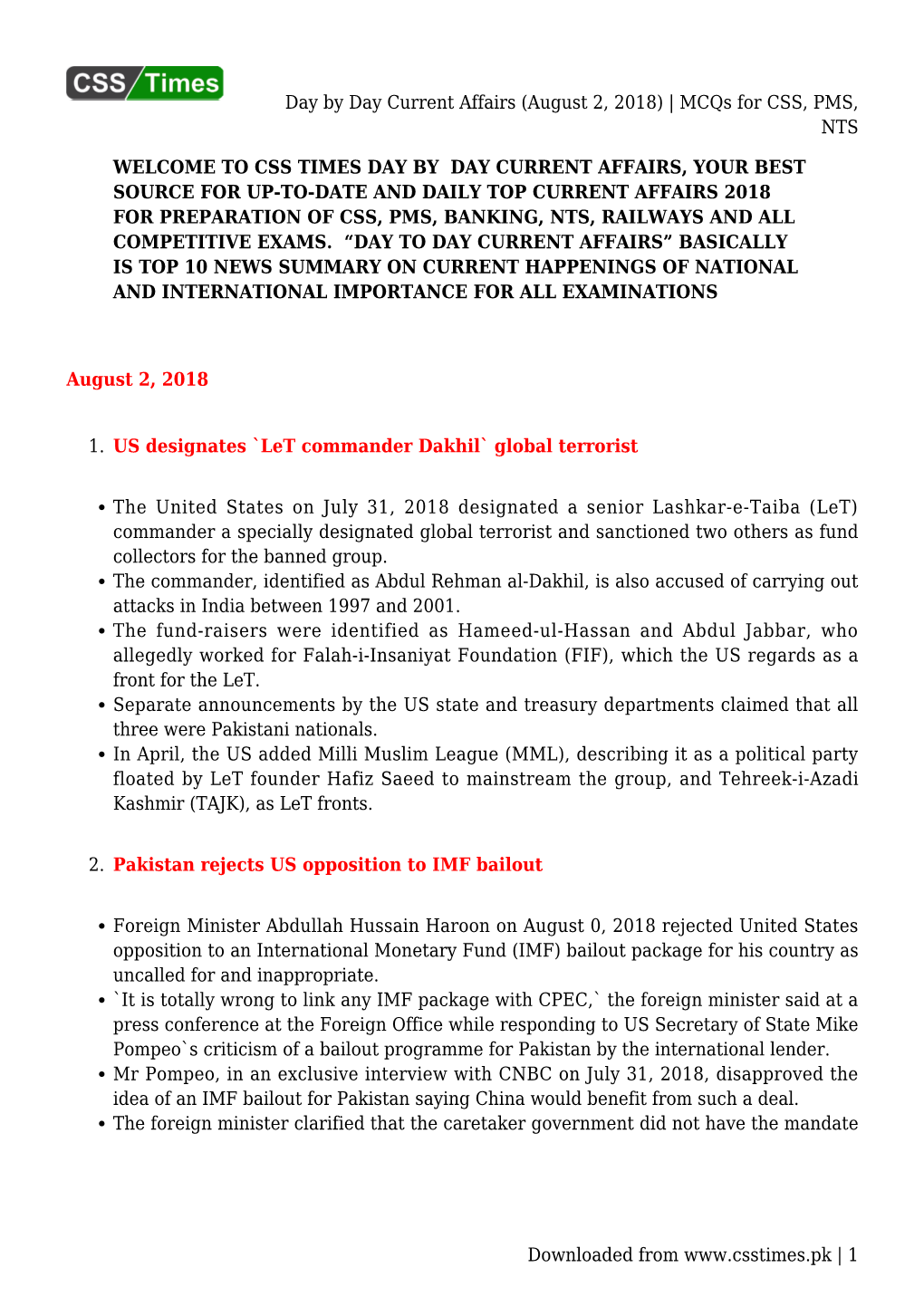 Day by Day Current Affairs (August 2, 2018) | Mcqs for CSS, PMS, NTS