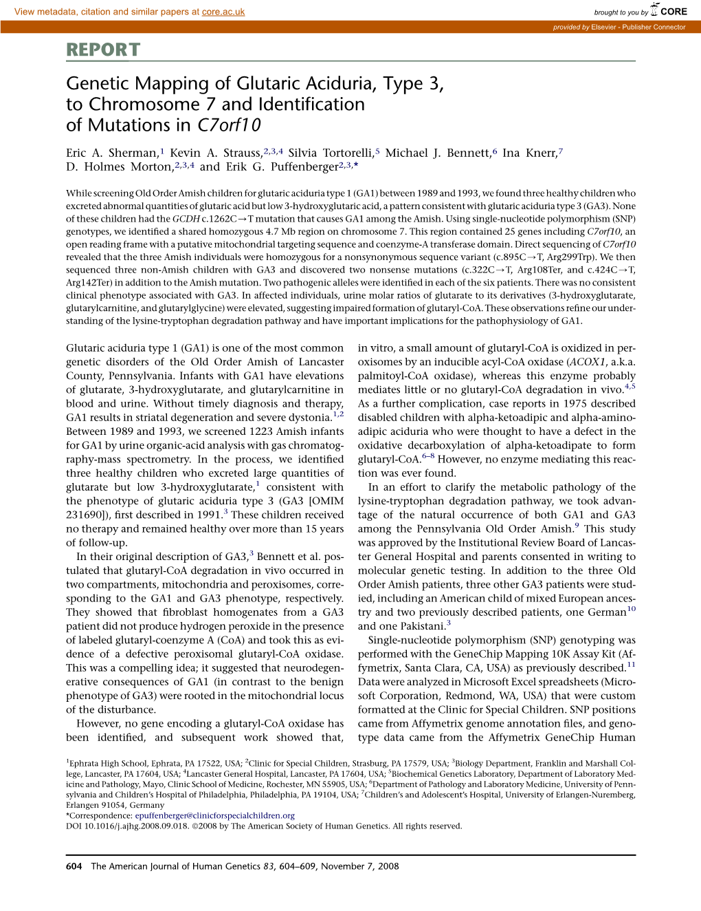 Genetic Mapping of Glutaric Aciduria, Type 3, to Chromosome 7 and Identiﬁcation of Mutations in C7orf10