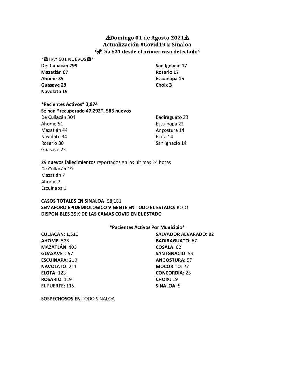 Domingo 01 De Agosto 2021 Actualización #Covid19 Sinaloa