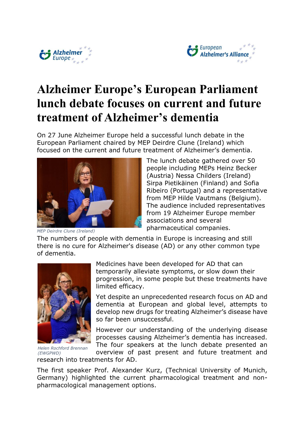 Alzheimer Europe's European Parliament Lunch Debate Focuses On