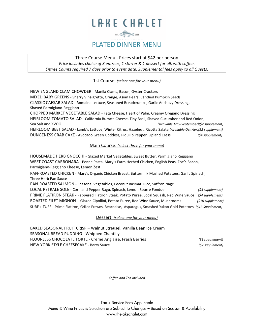 Plated Dinner Menu