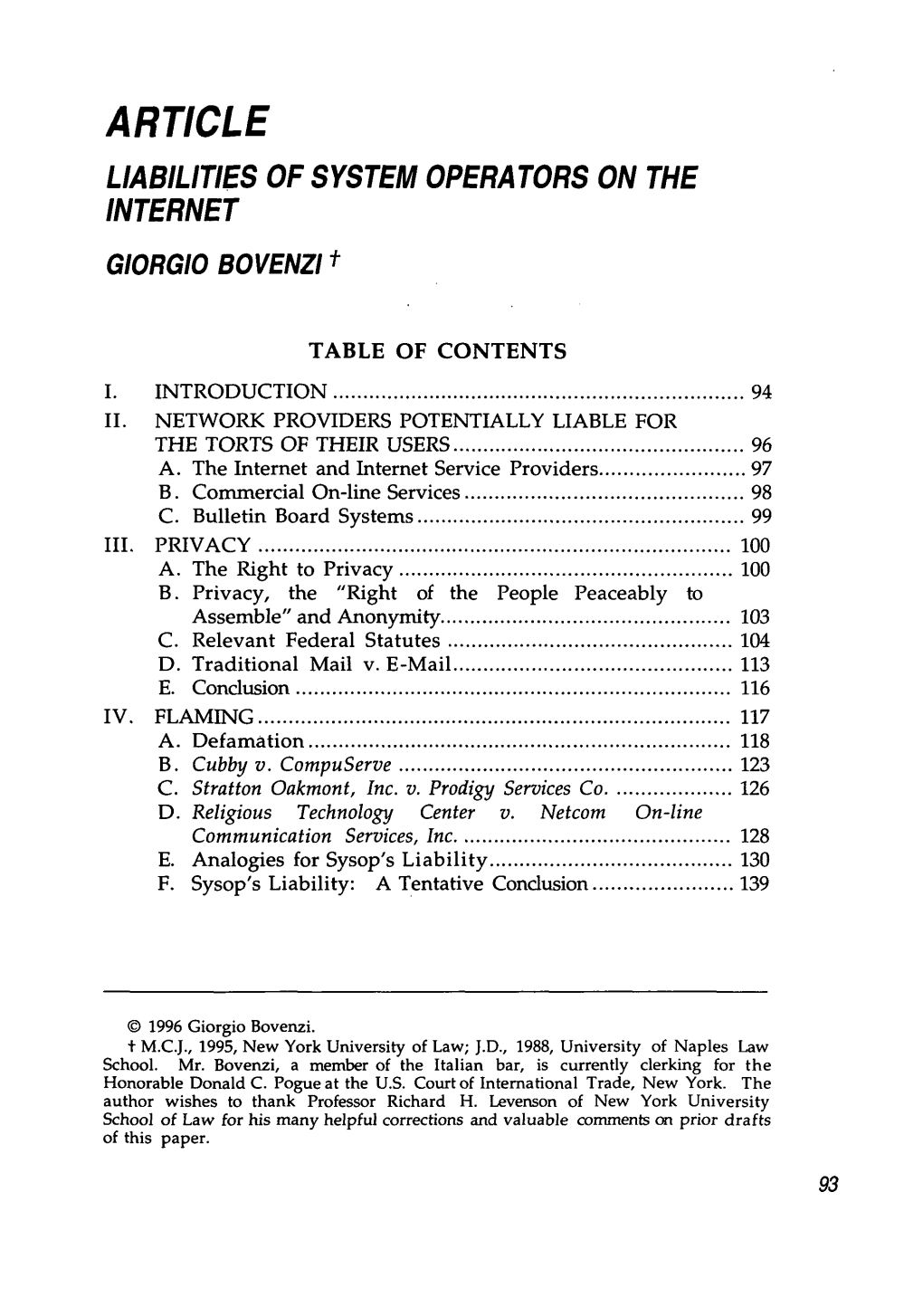 ARTICLE LIABILITIES of SYSTEM OPERATORS on the INTERNET GIORGIO BOVENZI T