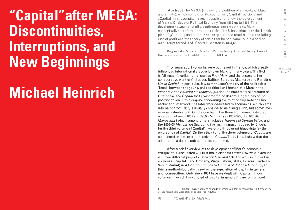 “Capital”After MEGA: Discontinuities, Interruptions, and New Beginnings Michael Heinrich
