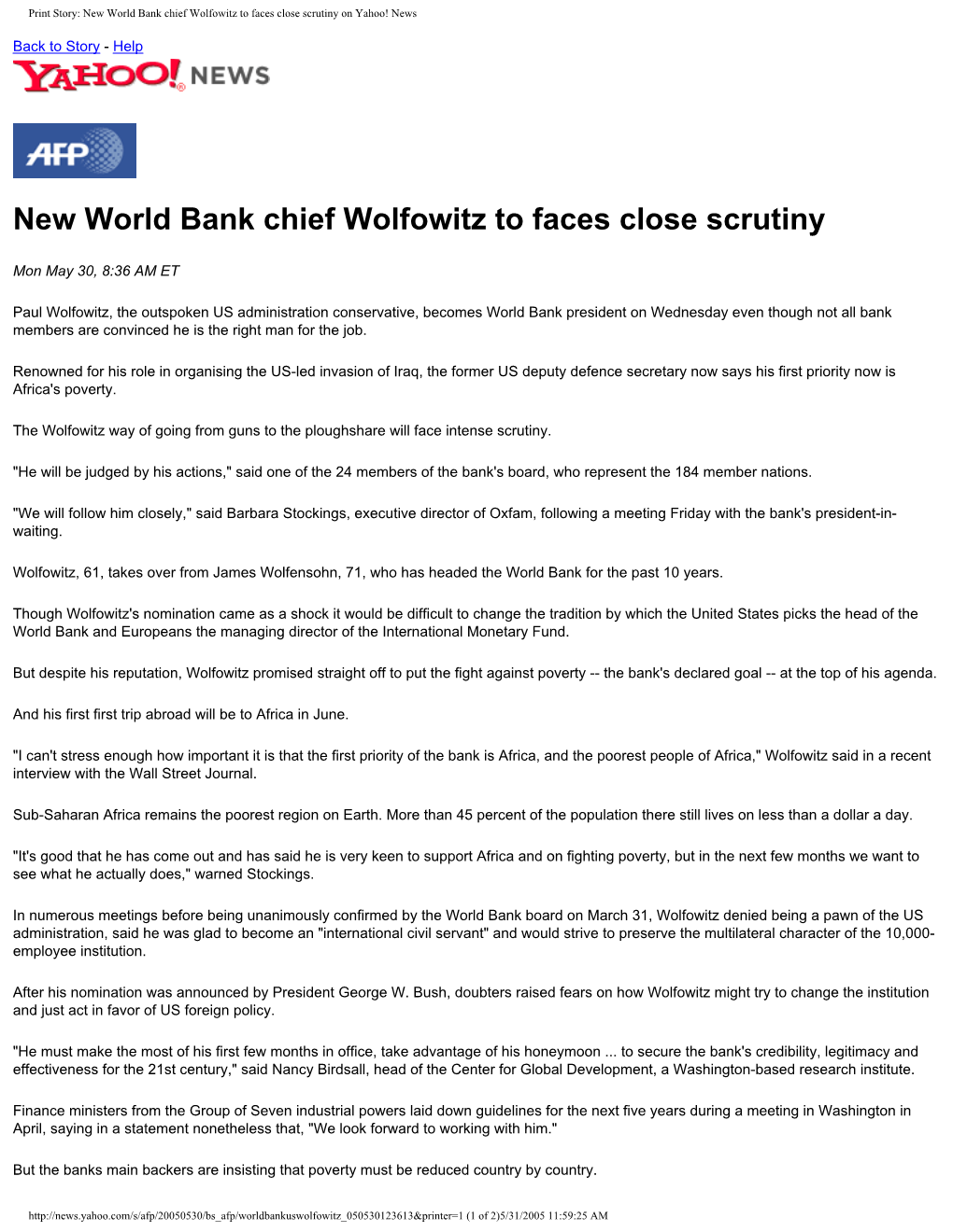 New World Bank Chief Wolfowitz to Faces Close Scrutiny on Yahoo! News