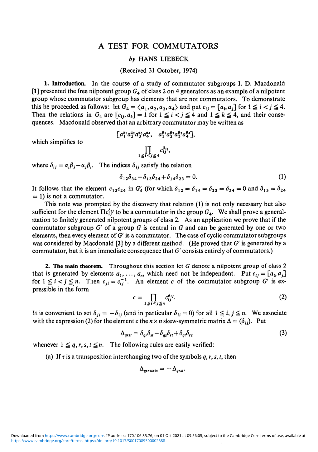 A TEST for COMMUTATORS by HANS LIEBECK (Received 31 October, 1974)