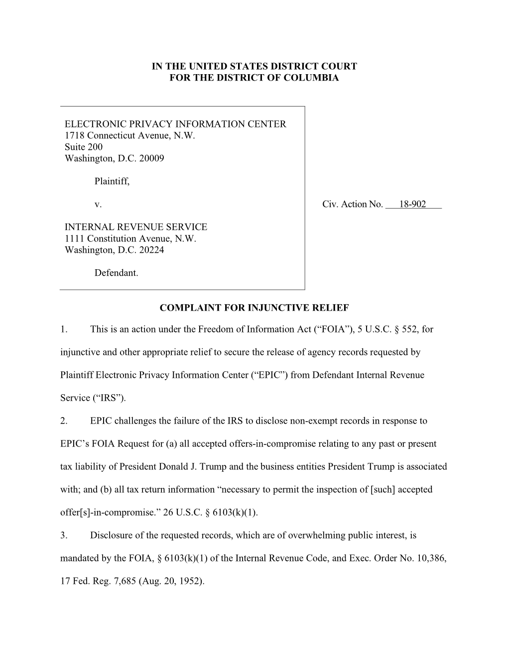 EPIC V. IRS II Complaint