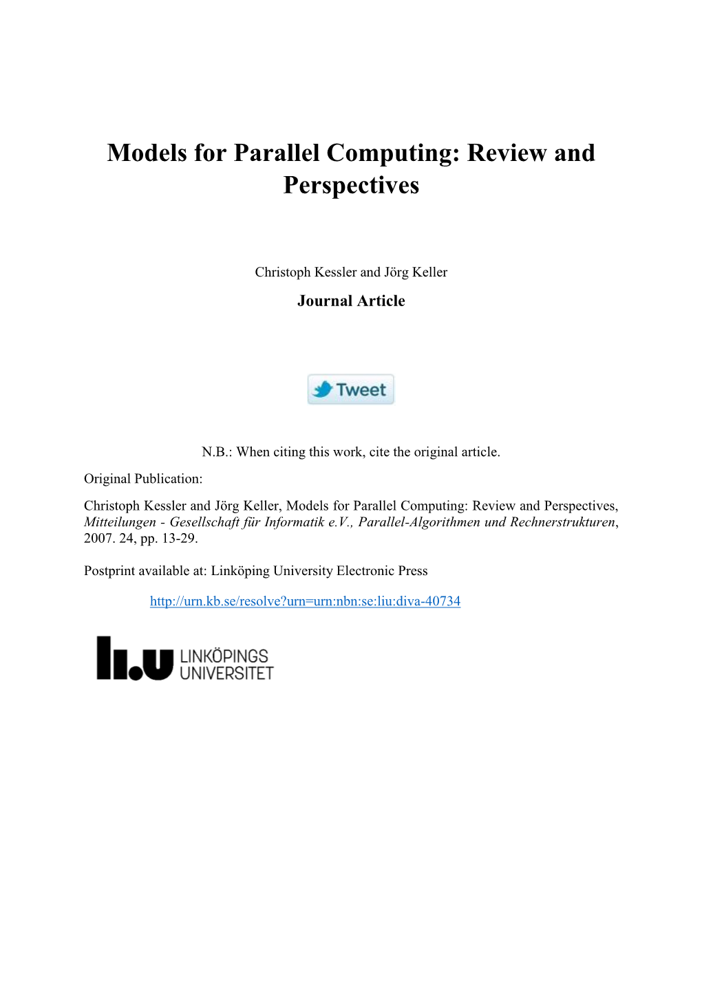 Models for Parallel Computing: Review and Perspectives