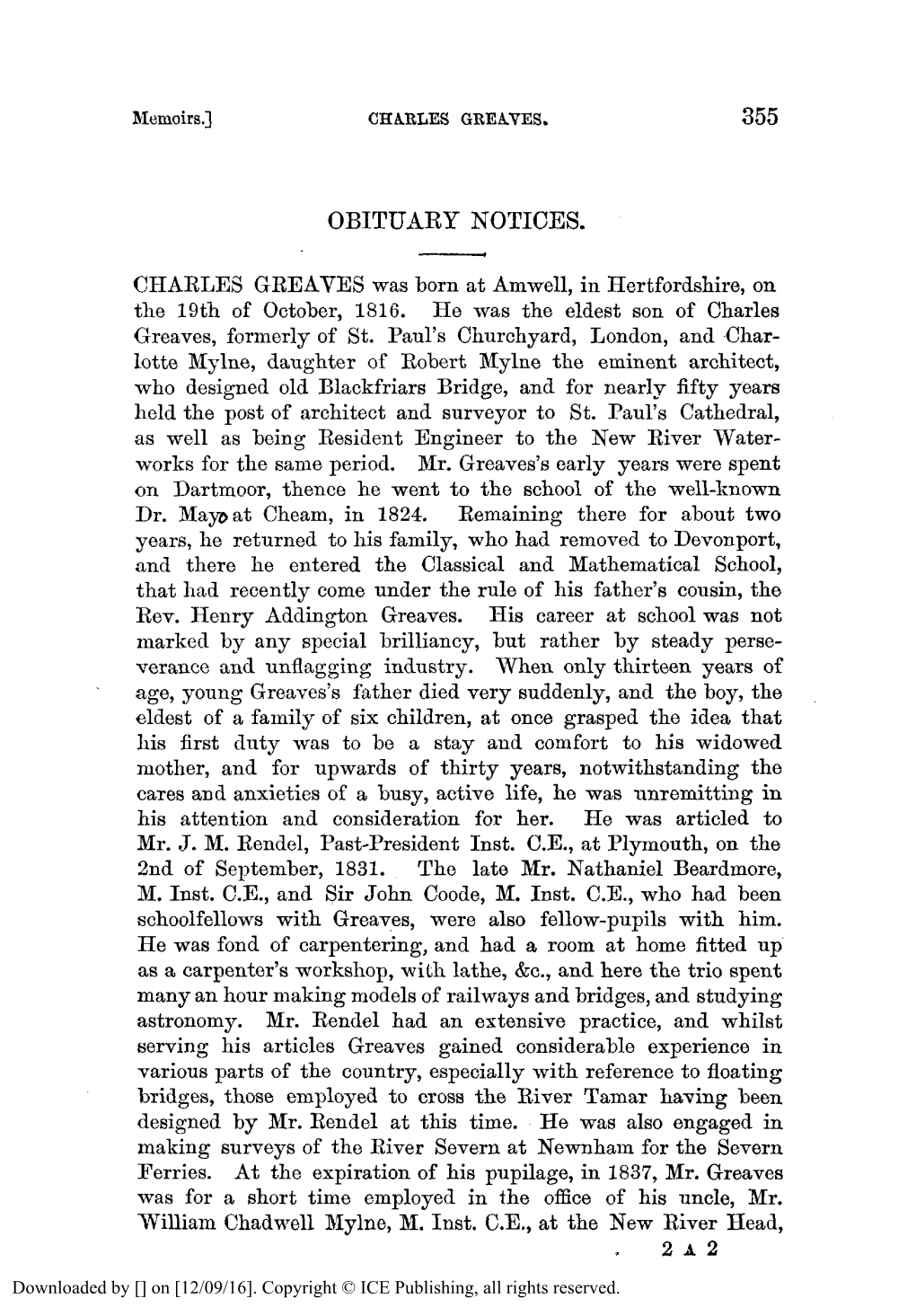 Obituary. Charles Greaves, 1816-1883