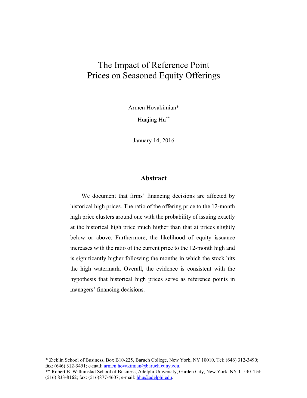 The Impact of Reference Point Prices on Seasoned Equity Offerings