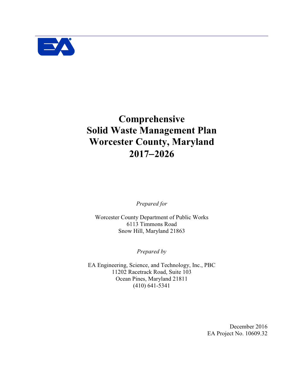 Comprehensive Solid Waste Management Plan Worcester County, Maryland 2017-2026
