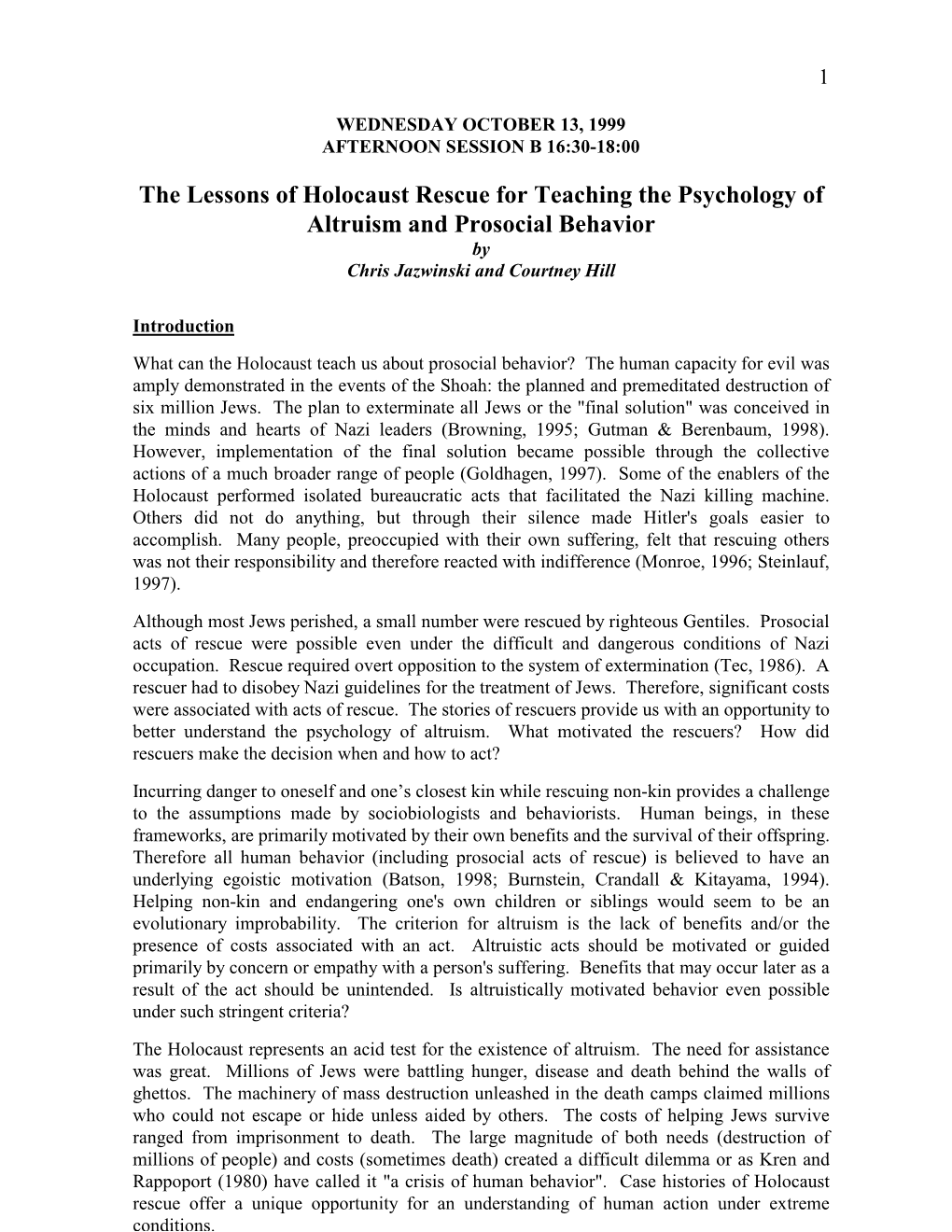 The Lessons of Holocaust Rescue for Teaching the Psychology of Altruism and Prosocial Behavior by Chris Jazwinski and Courtney Hill