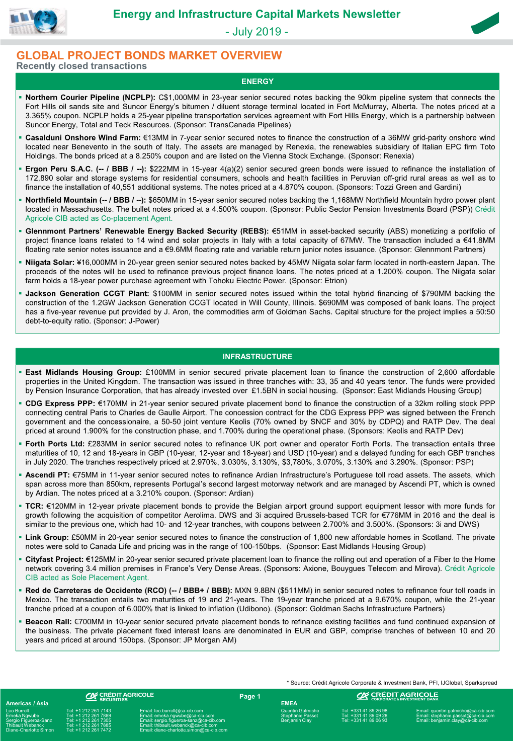 Energy and Infrastructure Capital Markets Newsletter - July 2019