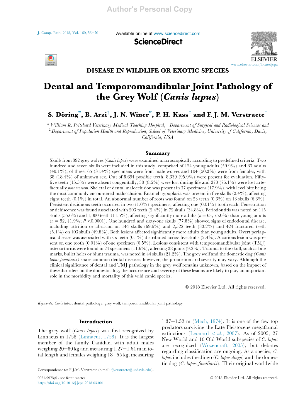 Dental and Temporomandibular Joint Pathology of the Grey Wolf (Canis Lupus)