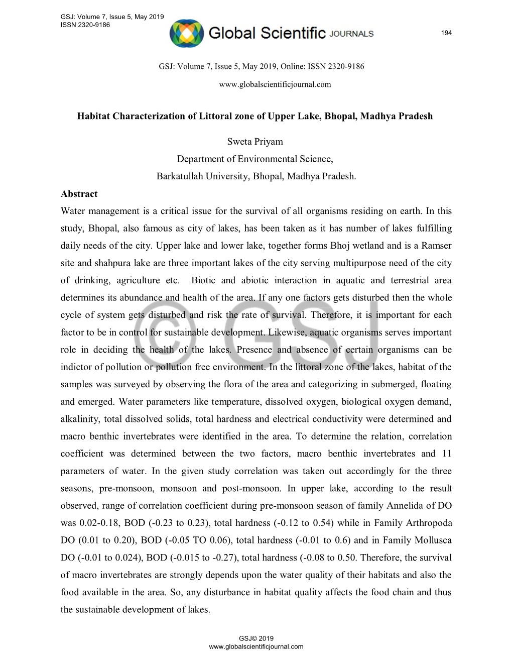 Habitat Characterization of Littoral Zone of Upper Lake, Bhopal, Madhya Pradesh