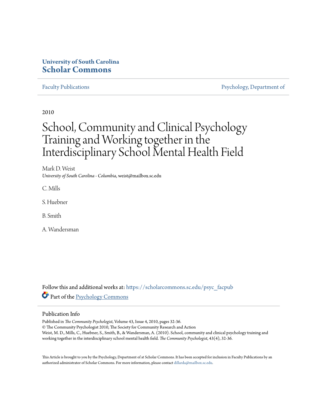 School, Community and Clinical Psychology Training and Working Together in the Interdisciplinary School Mental Health Field Mark D