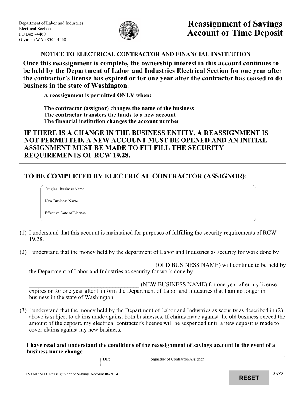 Reassignment of Savings Account Or Time Deposit