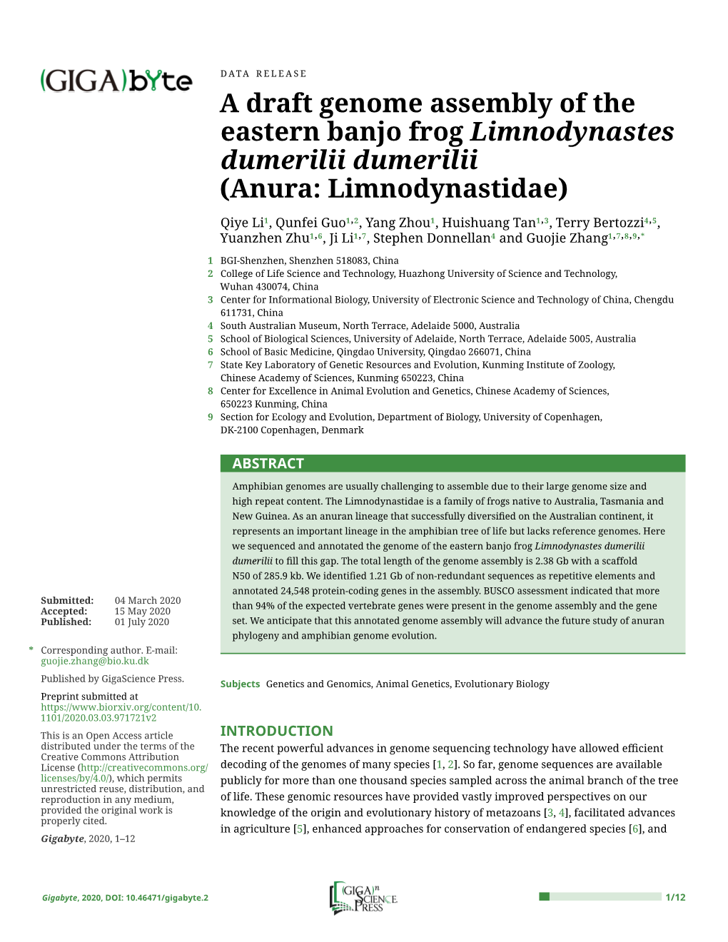 A Draft Genome Assembly of the Eastern Banjo Frog Limnodynastes