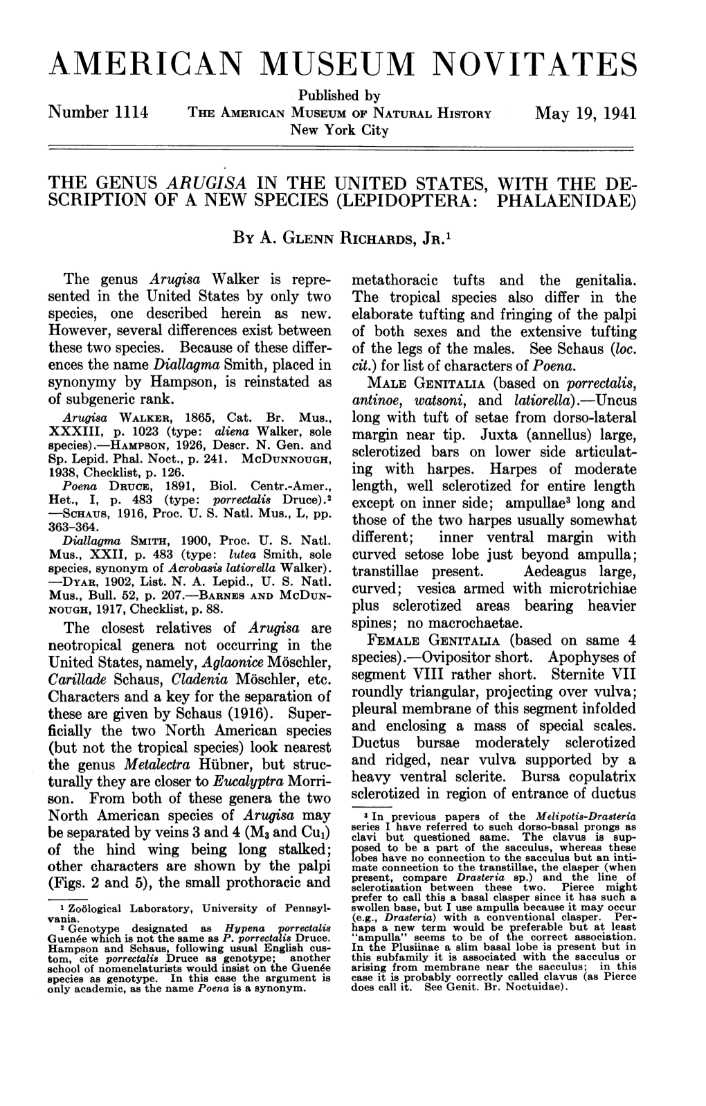 AMERICAN MUSEUM NOVITATES Published by Number 1114 the AMERICAN MUSEUM of NATURAL HISTORY May 19, 1941 New York City