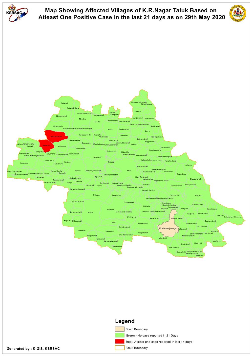 Map Showing Affected Villages of K.R.Nagar Taluk Based on Atleast One Positive Case in the Last 21 Days As on 29Th May 2020