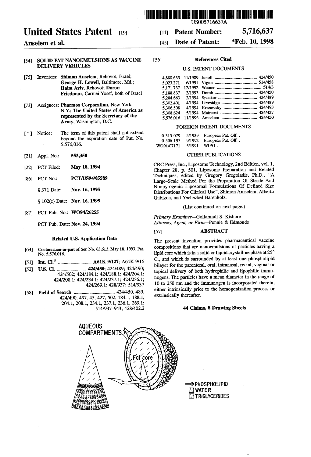 United States Patent 19 11 Patent Number: 5,716,637 Anselem Et Al
