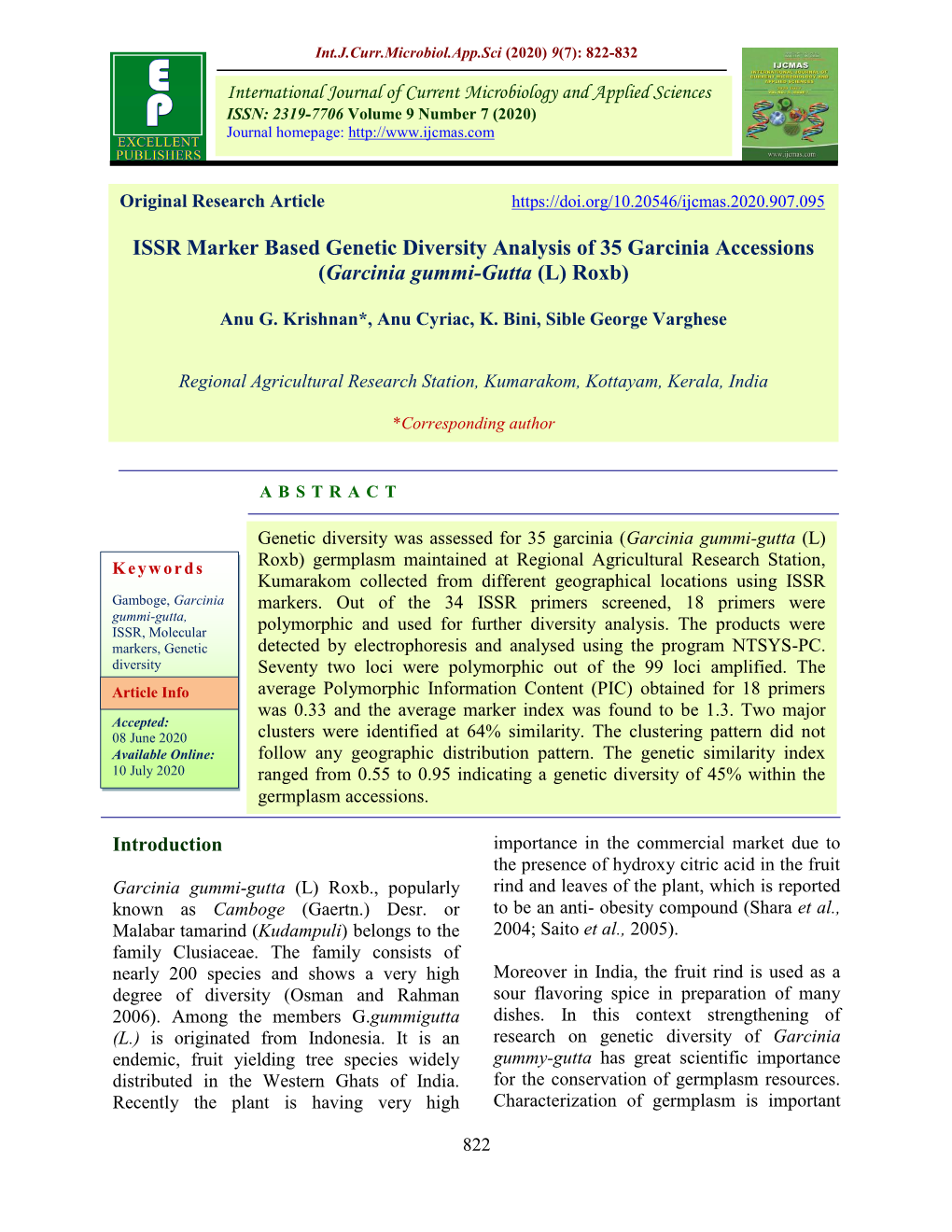 ISSR Marker Based Genetic Diversity Analysis of 35 Garcinia Accessions (Garcinia Gummi-Gutta (L) Roxb)