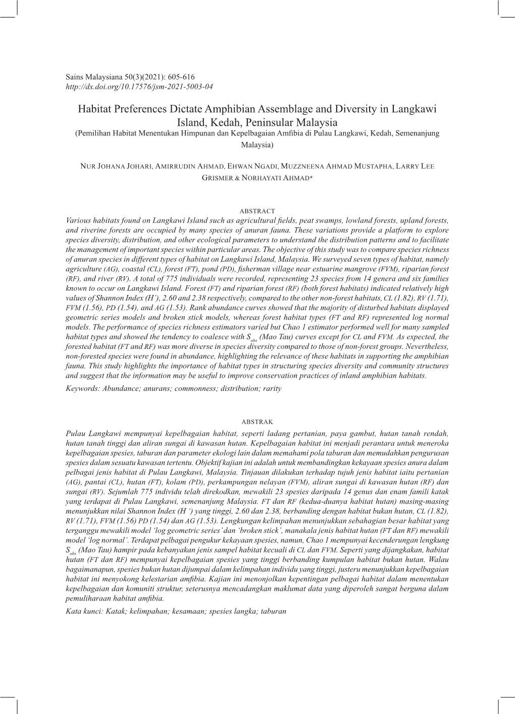 Habitat Preferences Dictate Amphibian Assemblage and Diversity in Langkawi Island, Kedah, Peninsular Malaysia