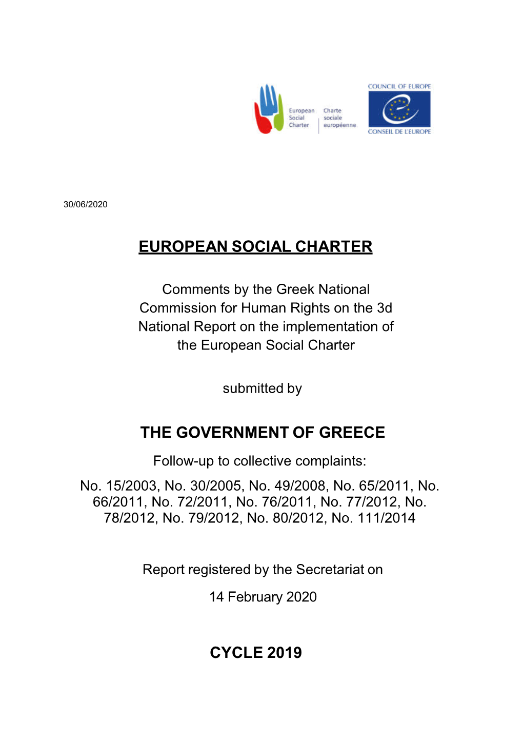 European Social Charter the Government of Greece