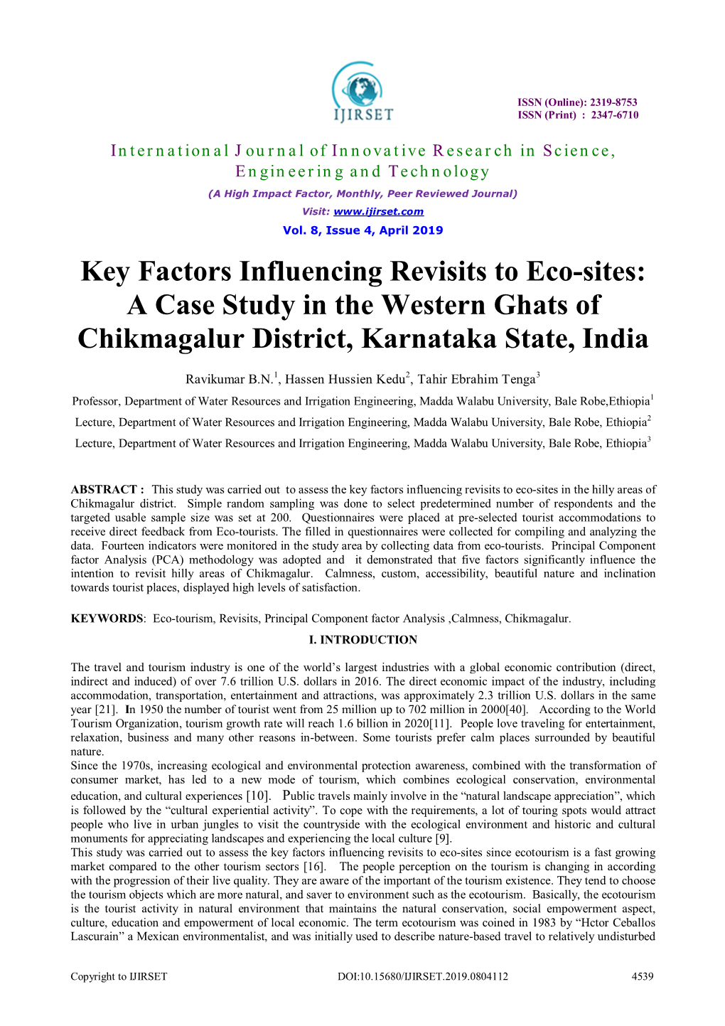 Key Factors Influencing Revisits to Eco-Sites: a Case Study in the Western Ghats of Chikmagalur District, Karnataka State, India