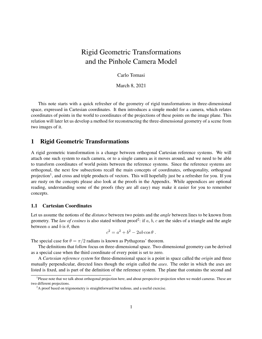 Rigid Geometric Transformations and the Pinhole Camera Model