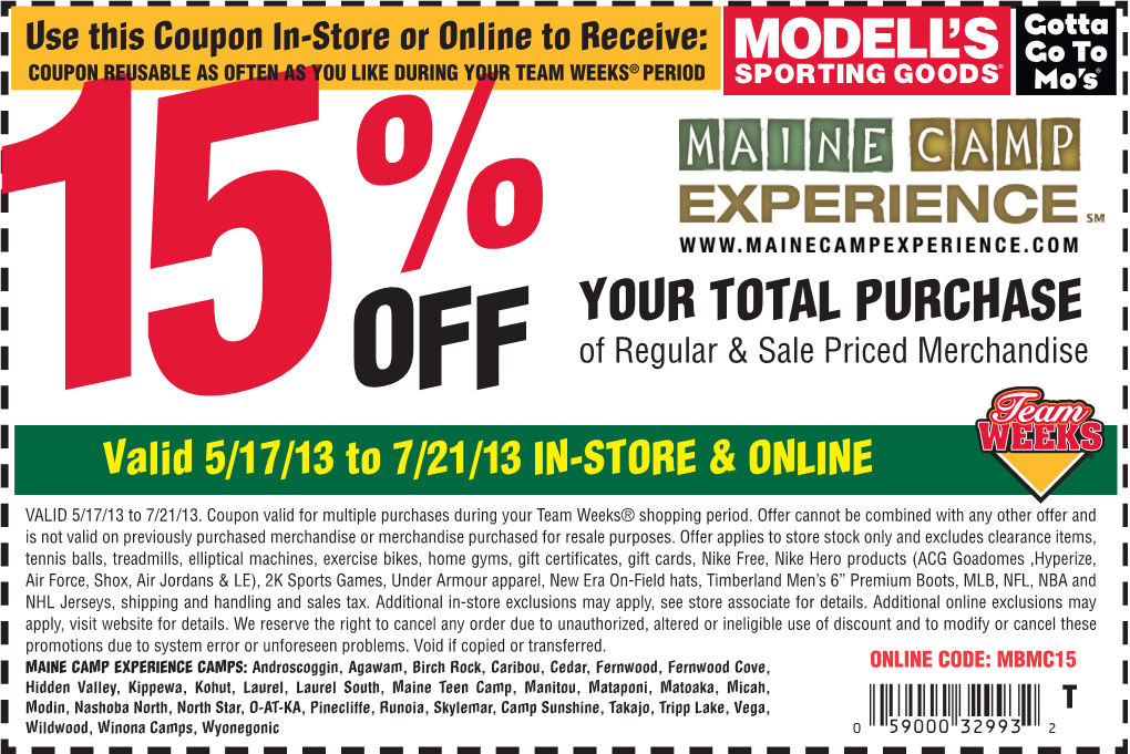YOUR TOTAL PURCHASE OFF of Regular & Sale Priced Merchandise 15Valid 5/17/13 to 7/21/13 IN-STORE & ONLINE VALID 5/17/13 to 7/21/13