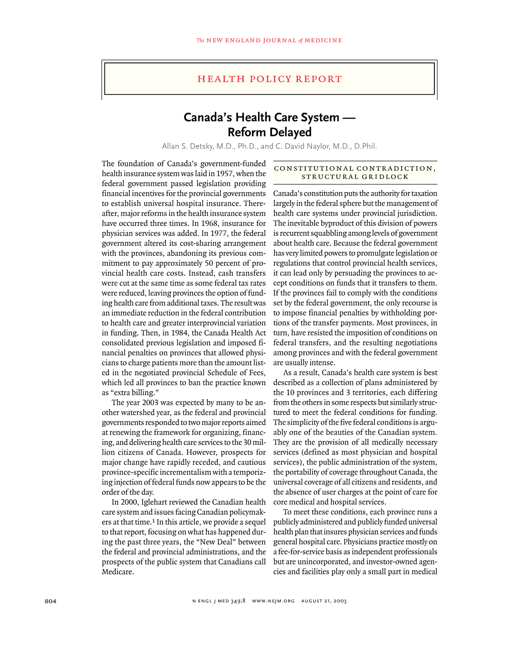 030821 Canada's Health Care System — Reform Delayed