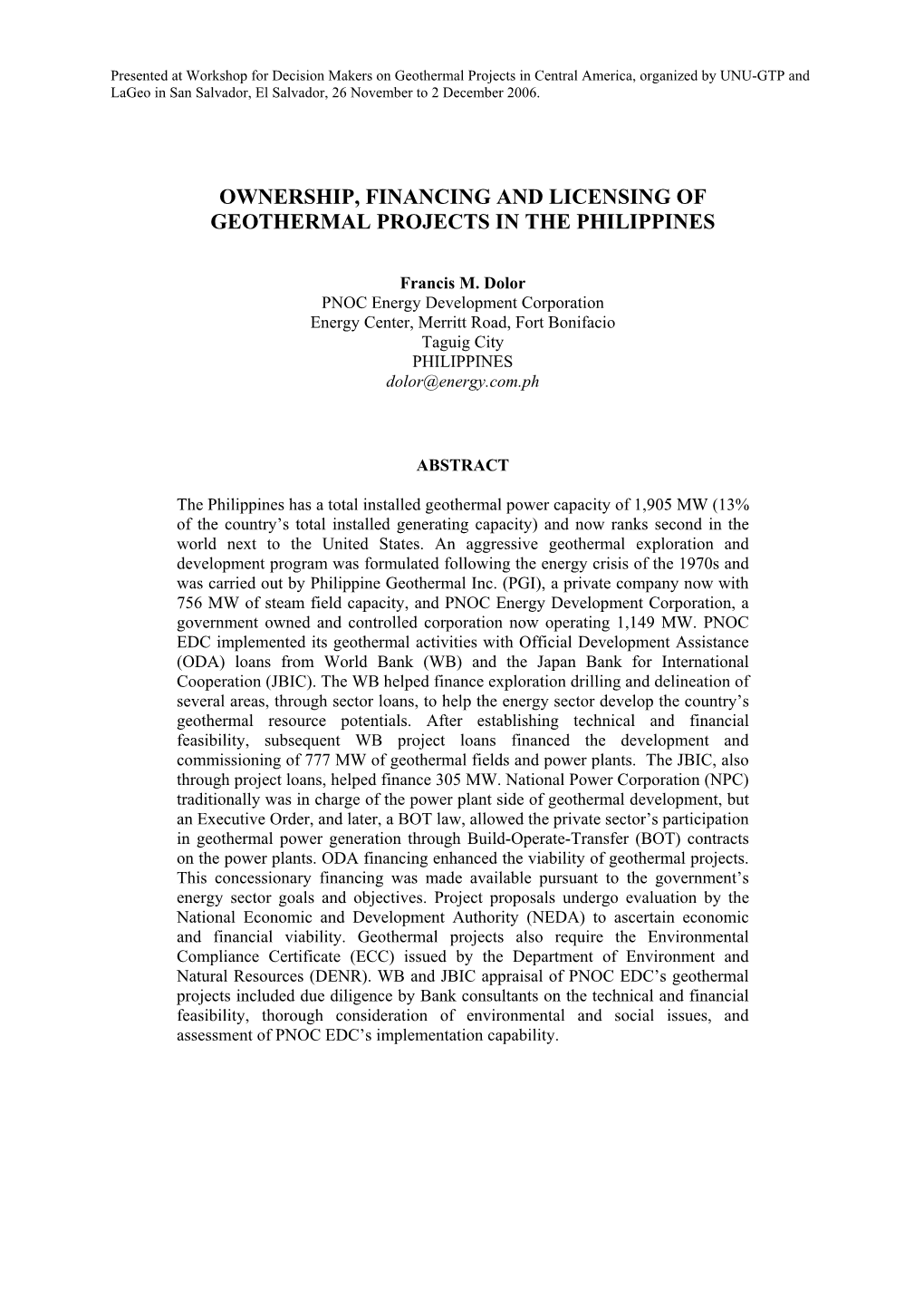 Financing Geothermal Projects in the Philippines