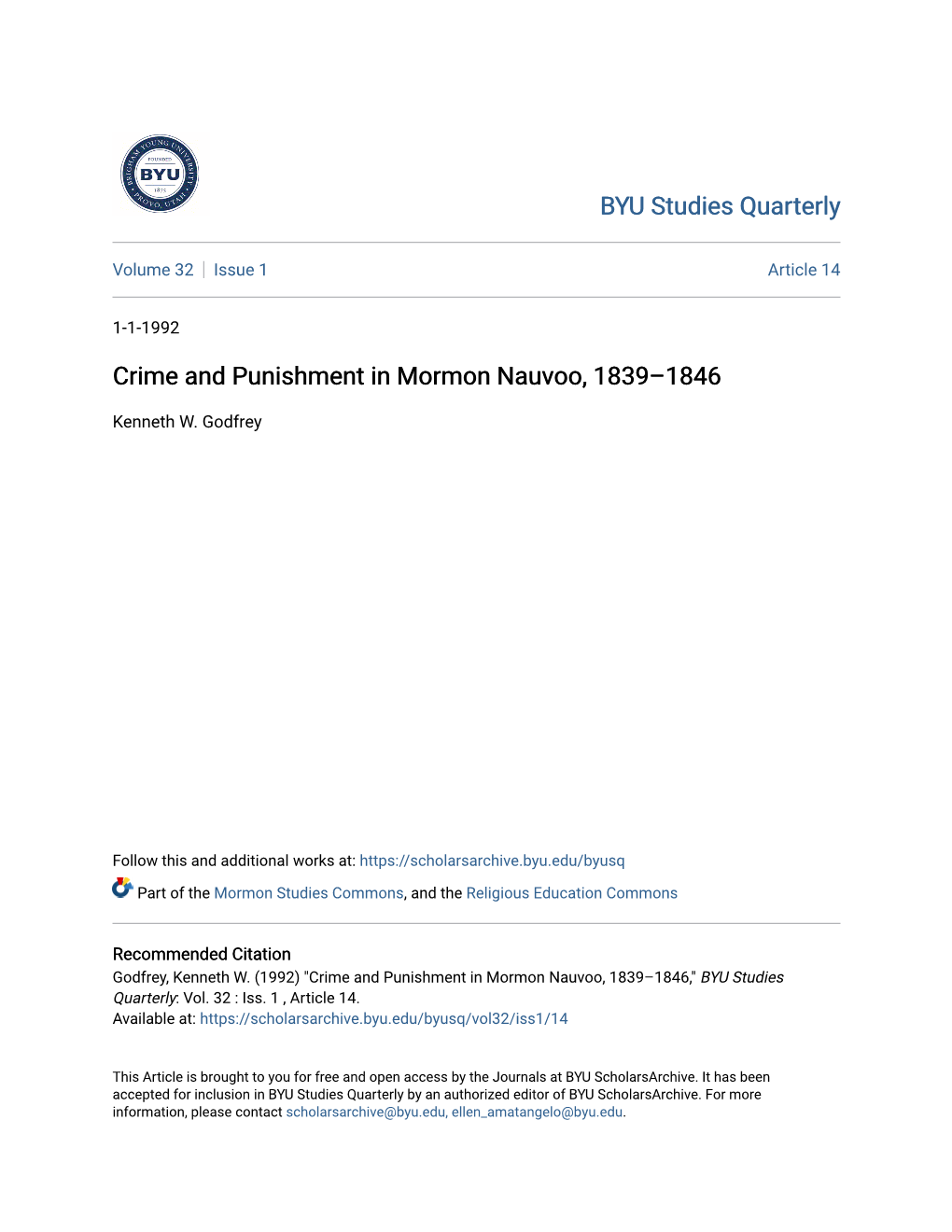 Crime and Punishment in Mormon Nauvoo, 1839–1846